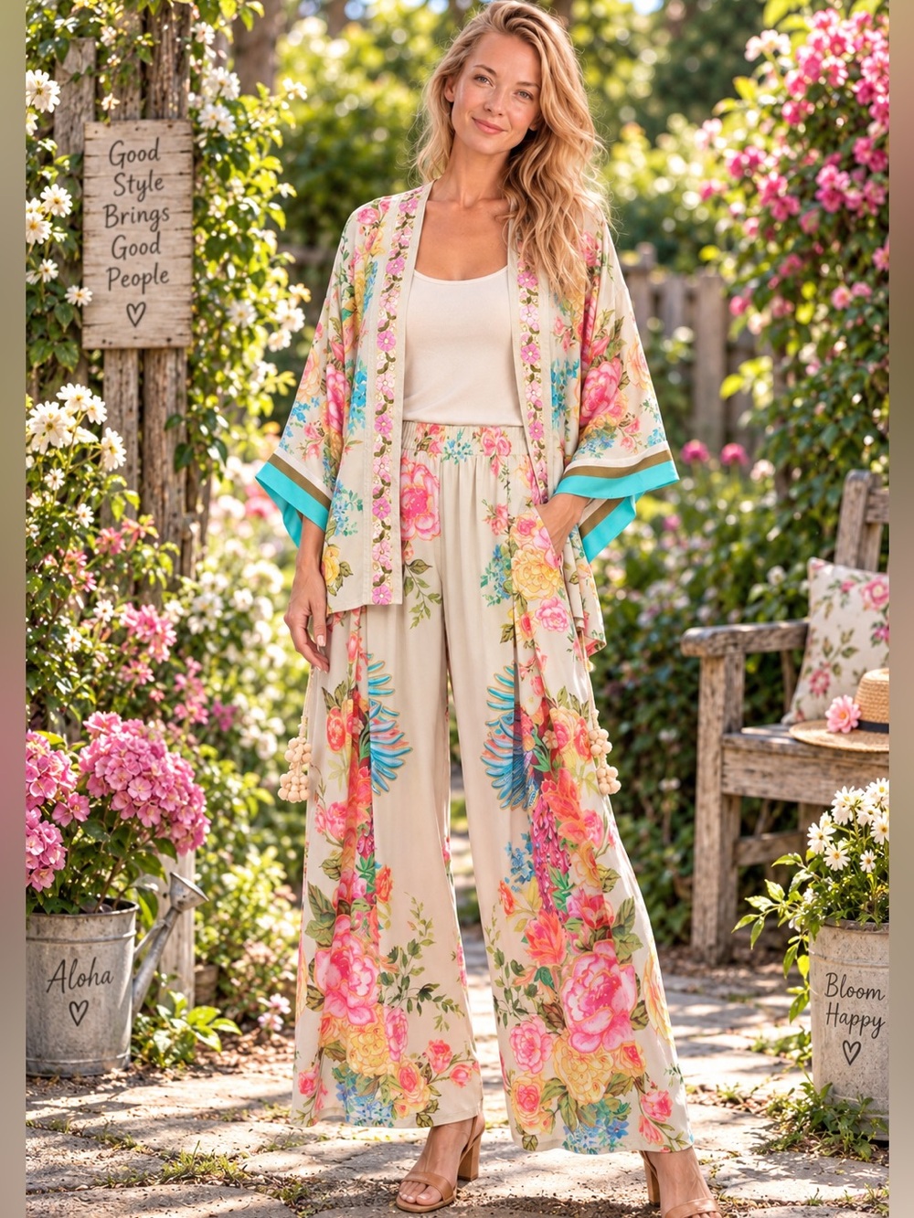 Aratta !!SET!! Beige Floral Earth Angels Wide-Leg Pants with Matching Kimono